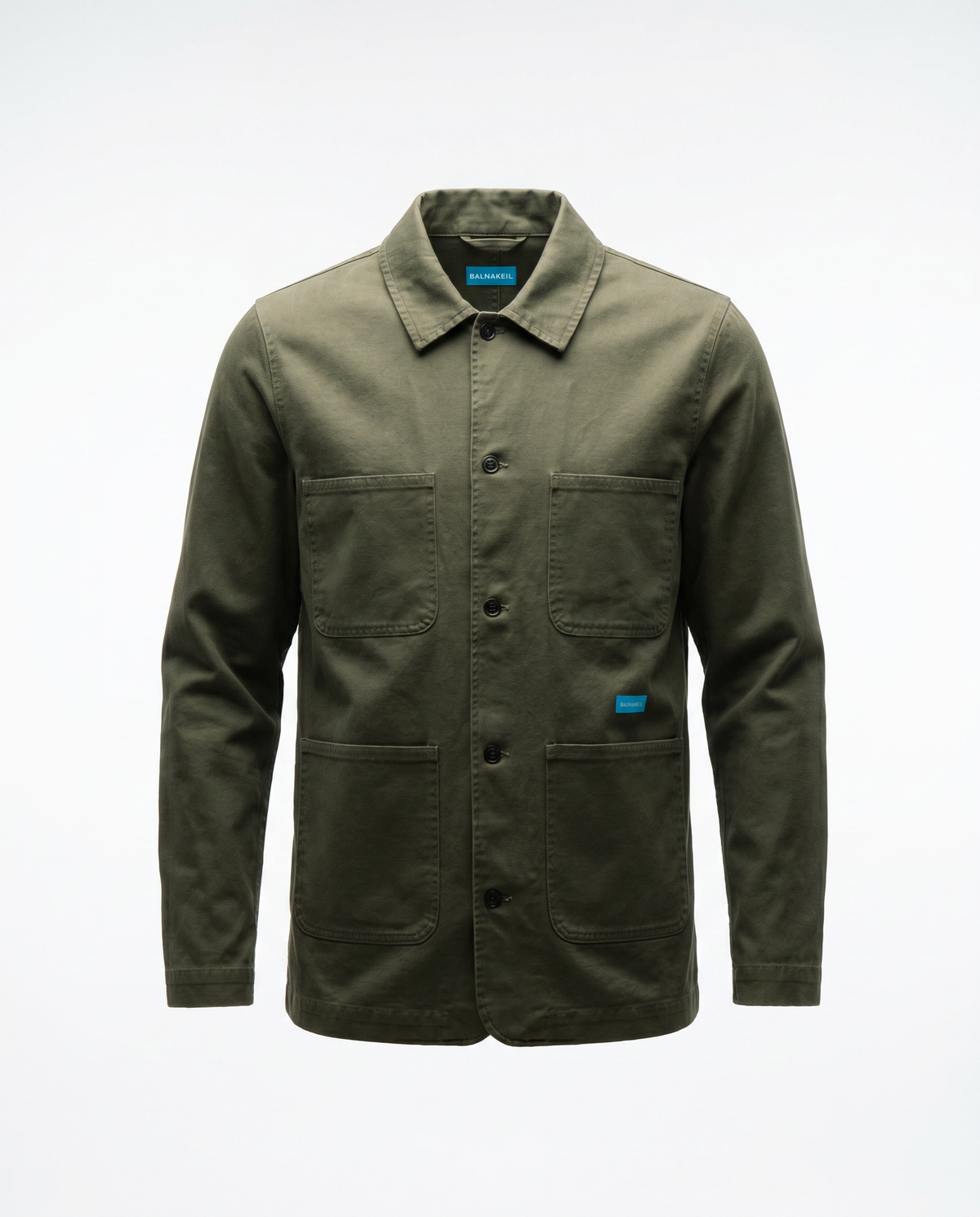Green jacket with multiple pockets on a white background