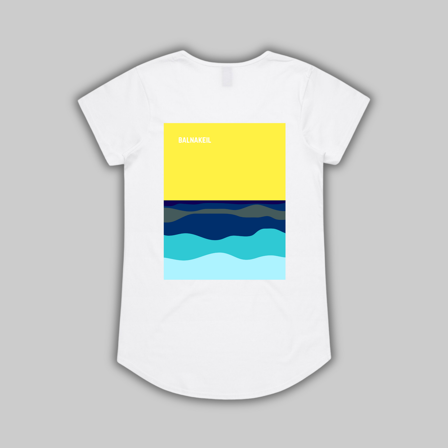 White t-shirt with a colorful wave design on a gray background