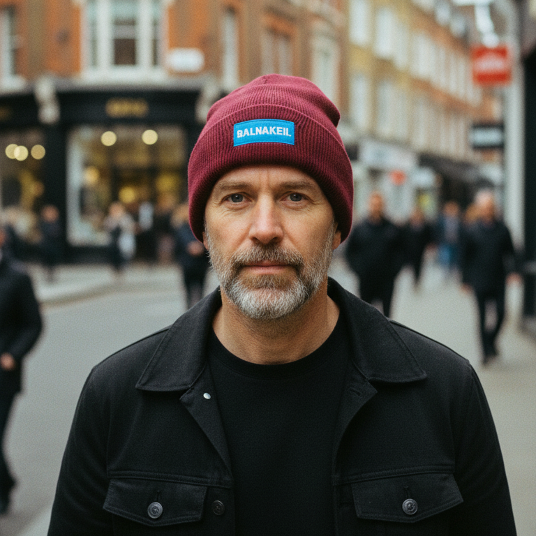Man wearing a black coat and plum beanie with a blue logo on a city street.