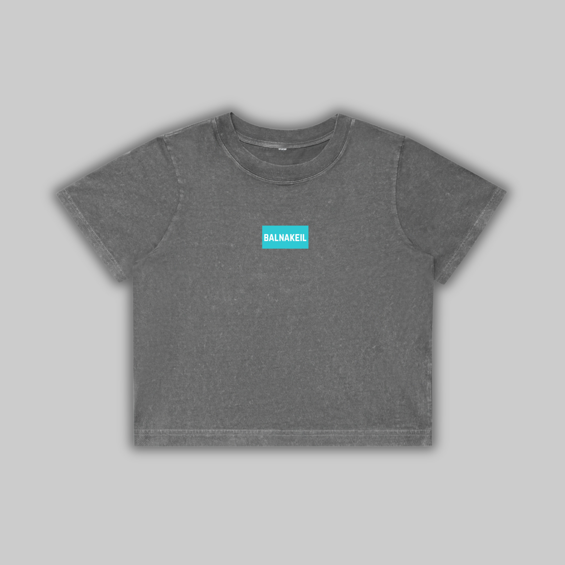 Grey t-shirt with a blue and green logo on a grey background