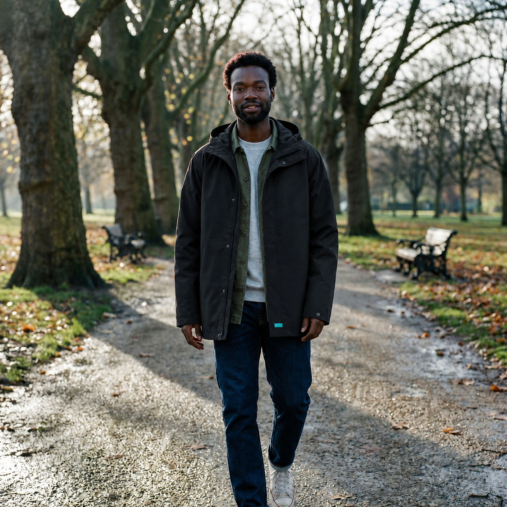 A man walking on a park path wearing a dark olive green hooded jacket over a white t-shirt, dark blue jeans, and white sneakers.