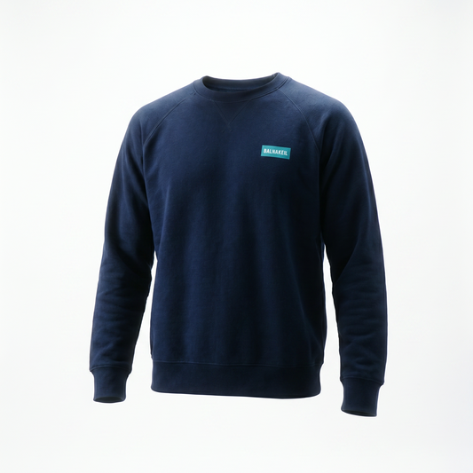 Navy blue sweatshirt with a small green logo on a white background