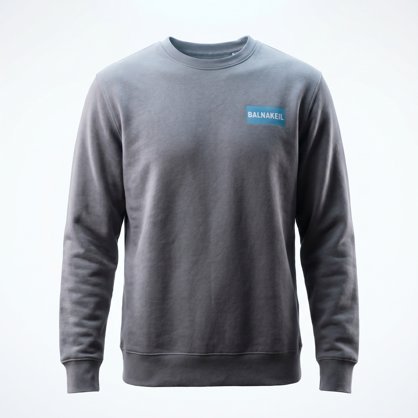 Gray sweatshirt with a blue logo on a white background