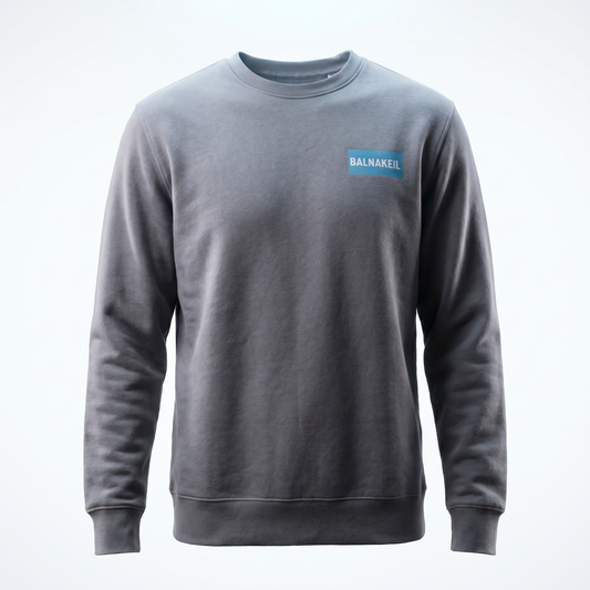 Gray sweatshirt with a blue logo on a white background