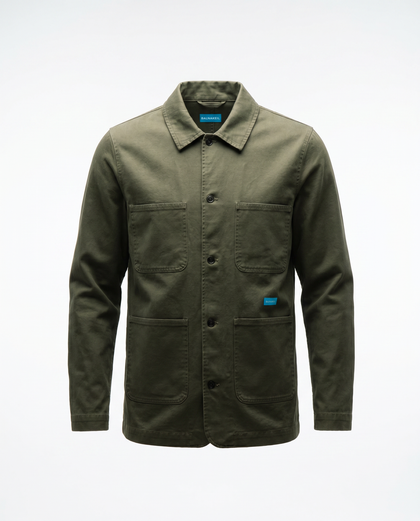 Green jacket with multiple pockets on a white background