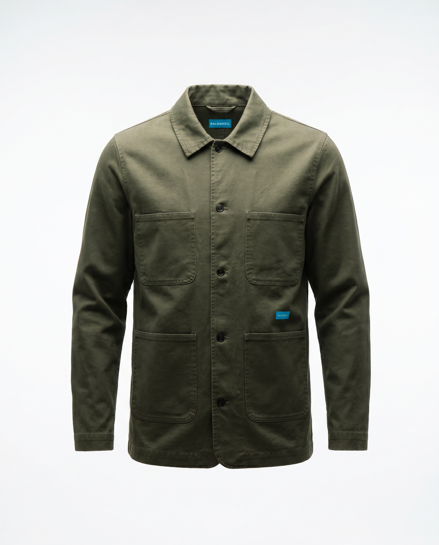 Green jacket with multiple pockets on a white background
