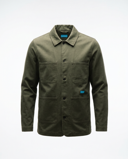 Green jacket with multiple pockets on a white background