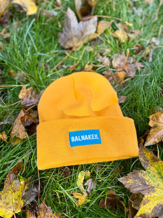 Gold beanie with a Balnakeil label on grass with fallen leaves