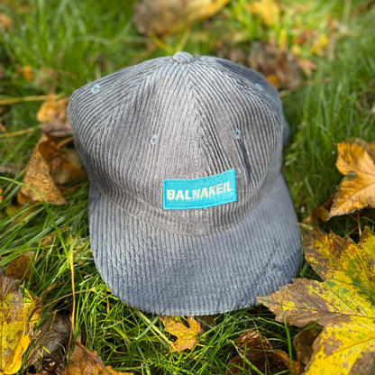 Grey cap with a blue label on grass and leaves