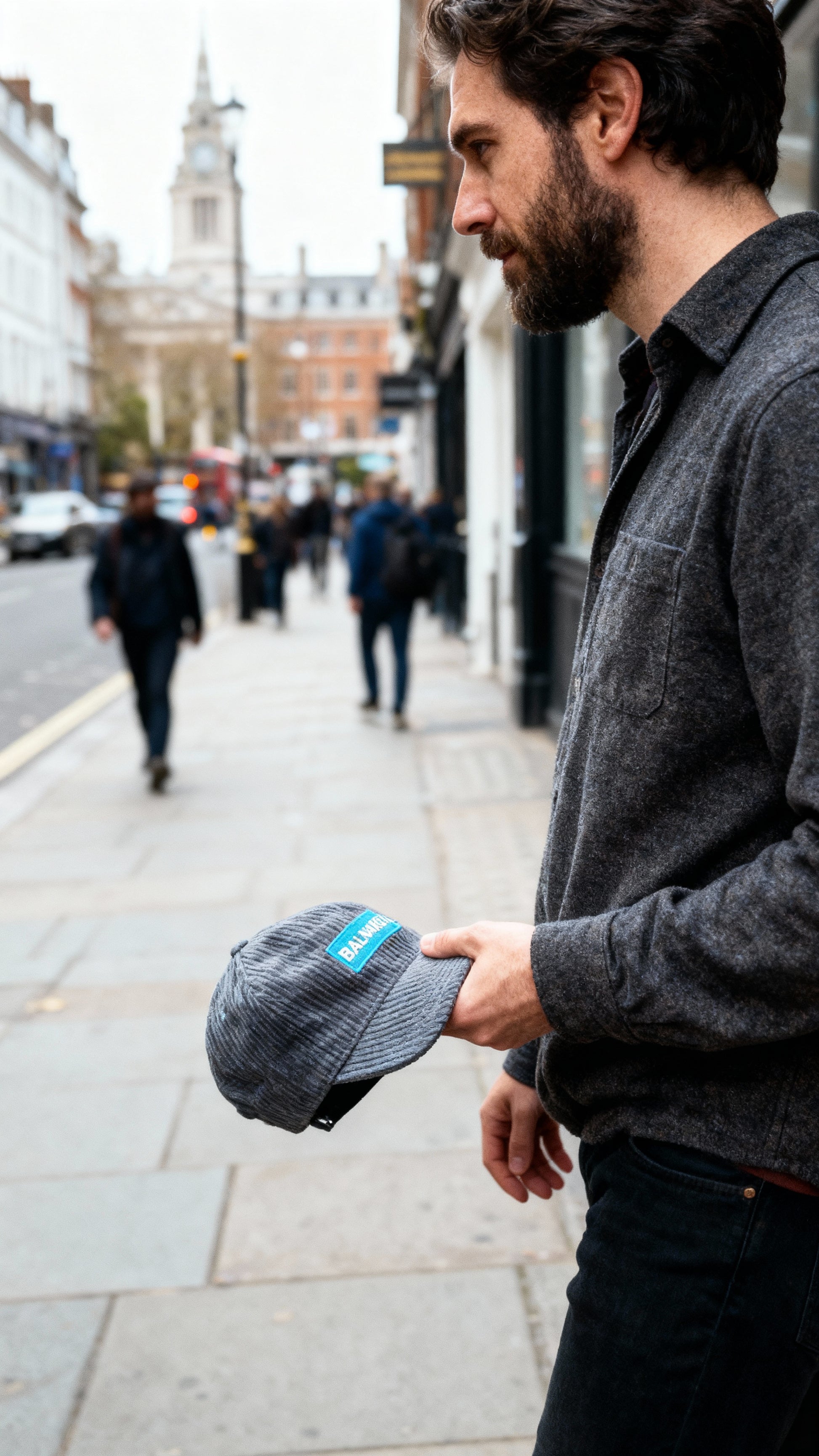 Man holding a cap on a city street with blurred background