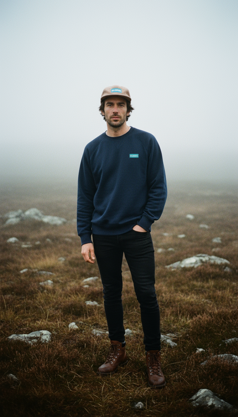 Man in a foggy field in the highlands wearing a navy blue sweat top and pint cap.