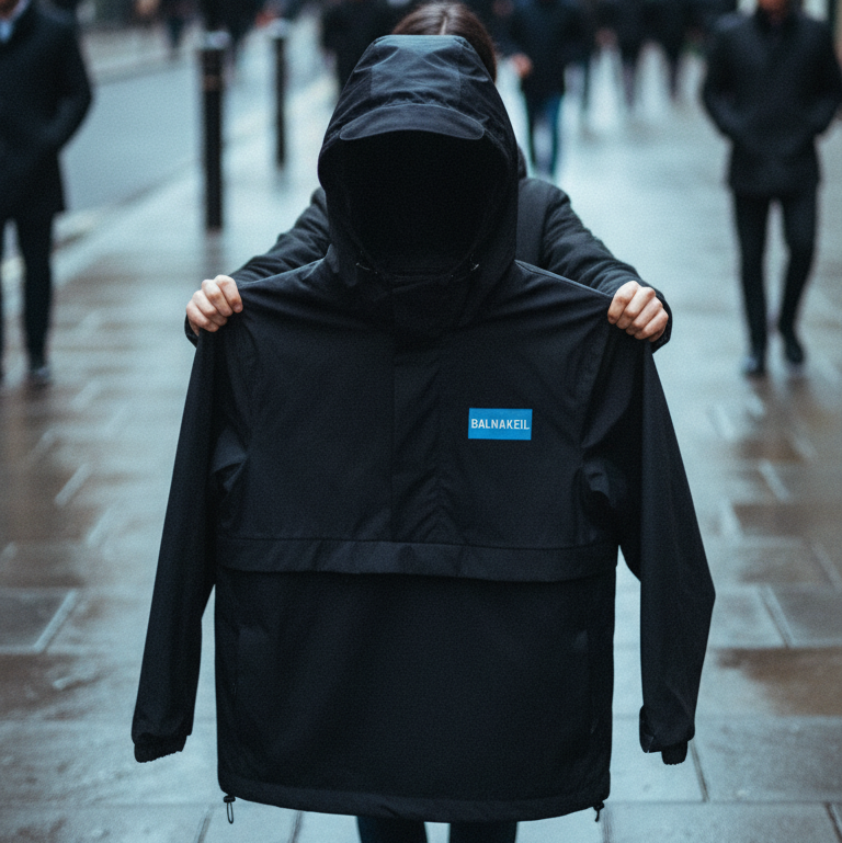 Person holding a black jacket with a brand logo on a city street
