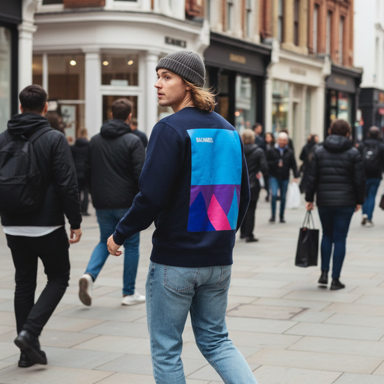 Person walking on a city street wearing a black sweater with colorful back design.