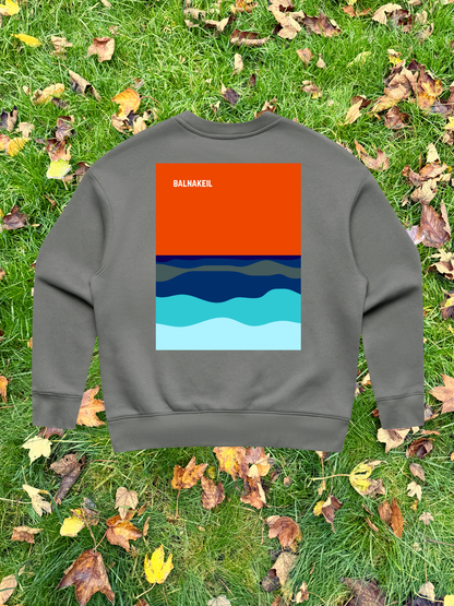 Gray sweatshirt with colorful design on grass and leaves