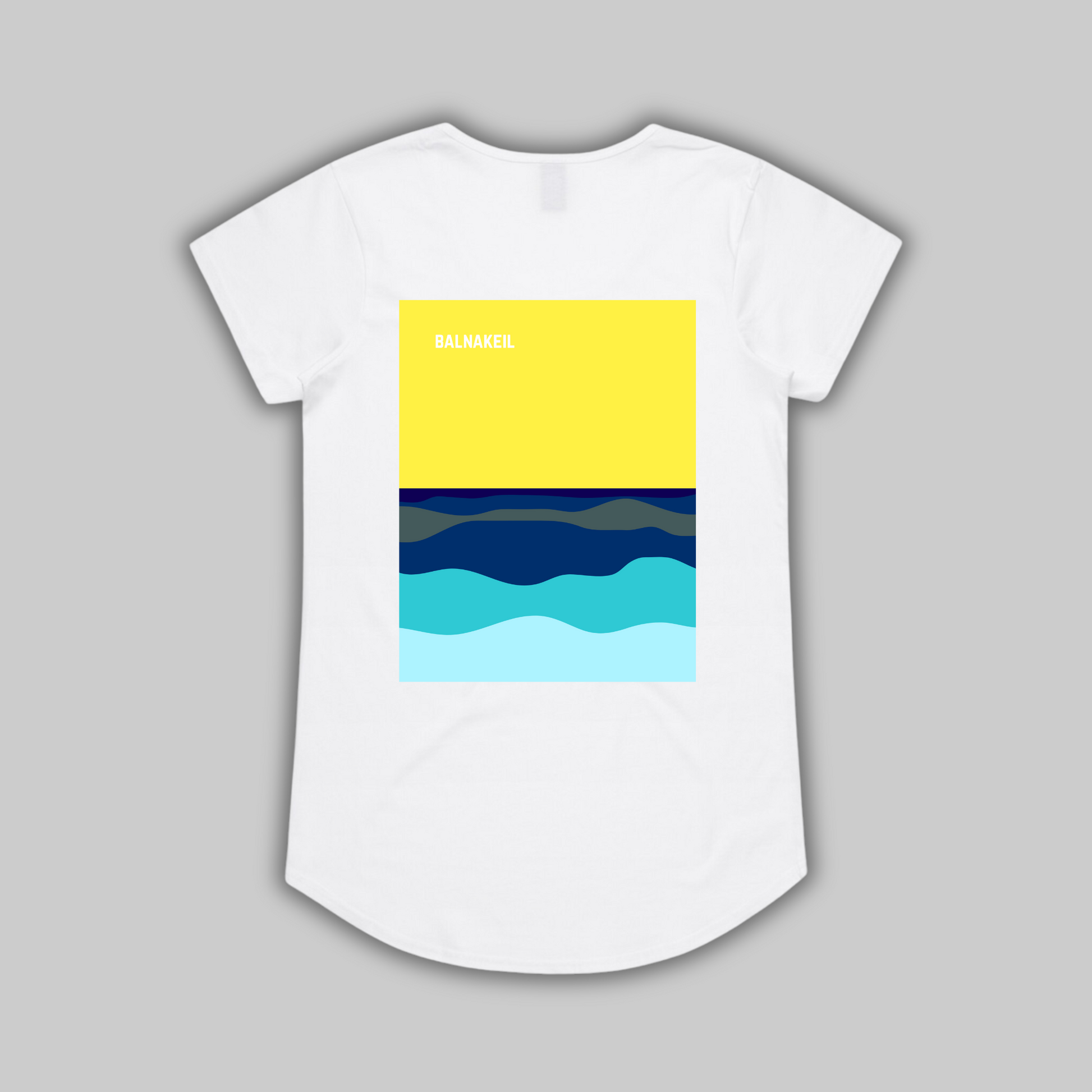 White t-shirt with a colorful wave design on a gray background
