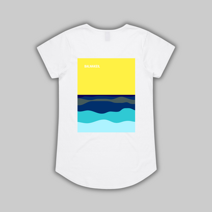 White t-shirt with a colorful wave design on a gray background