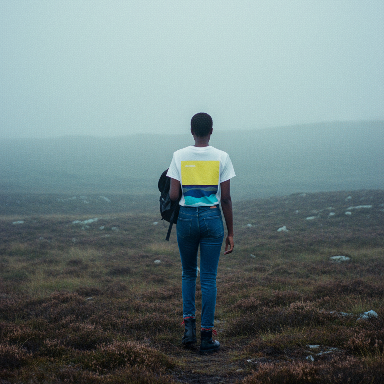 Person standing on a misty path in a field