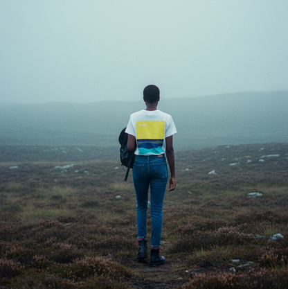 Person standing on a misty path in a field