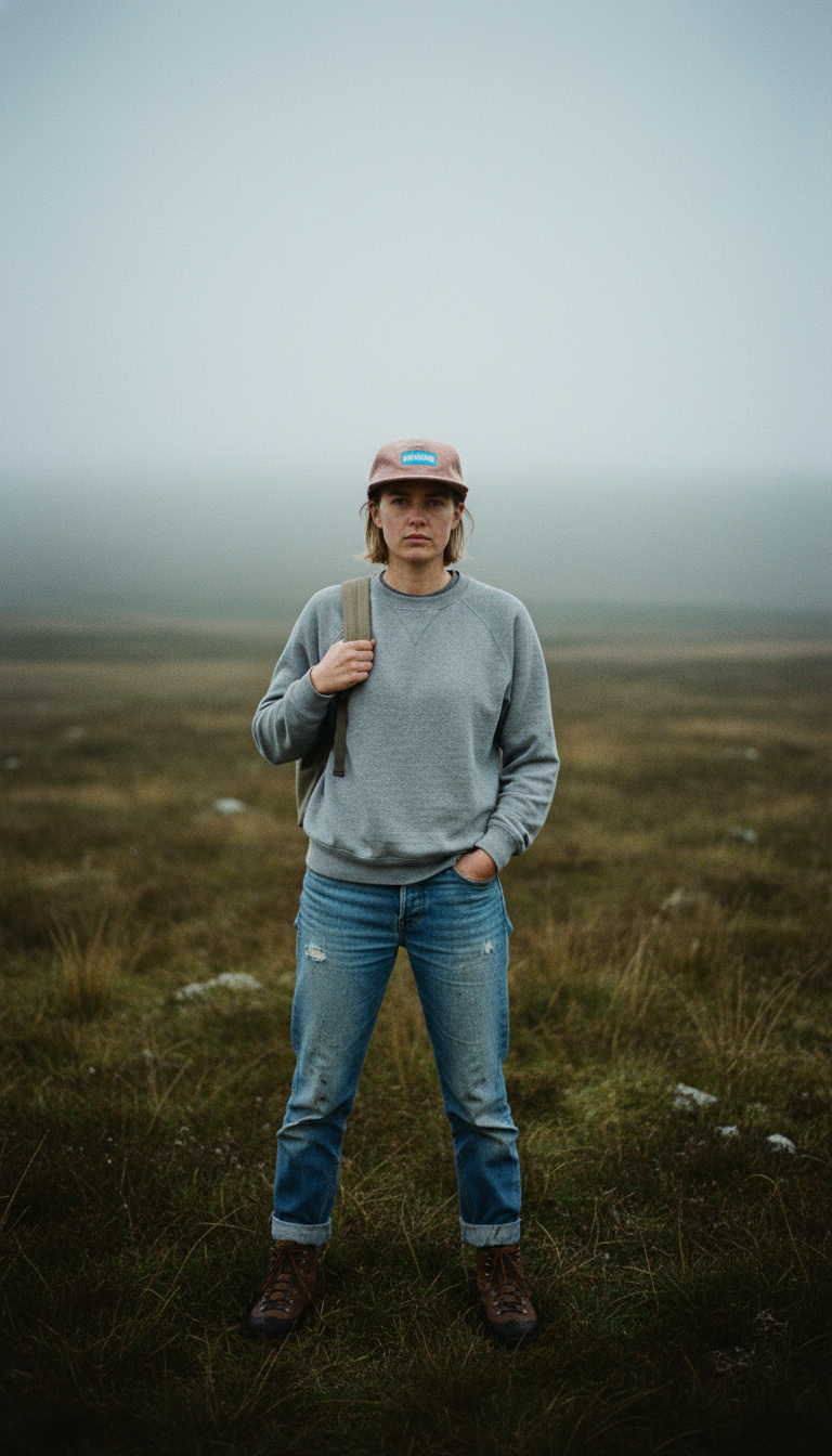 Women standing in Scottish Highlands holding a backpack and wearing a pink cap on a foggy day