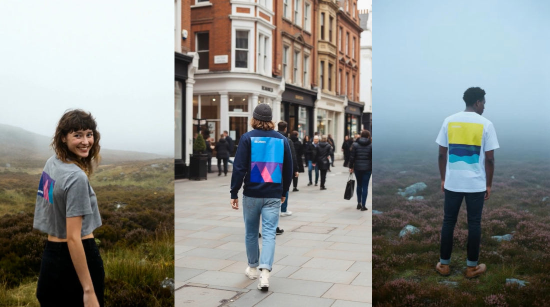 Video of 3 people walking away from camera wearing Balnakeil clothing.