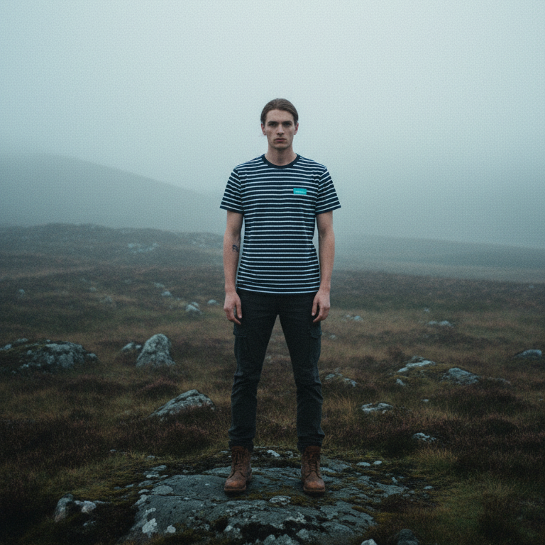 Man standing on a foggy landscape with mountains in the background