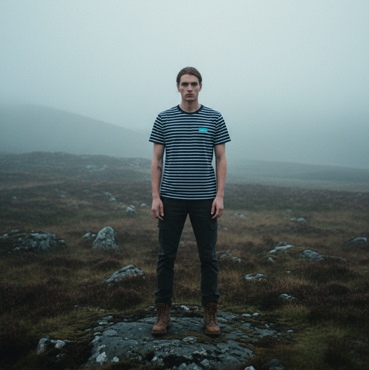 Man standing on a foggy landscape with mountains in the background