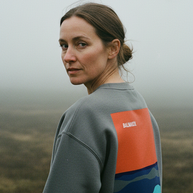 Woman wearing a grey sweatshirt with a colorful design, standing in a misty landscape.